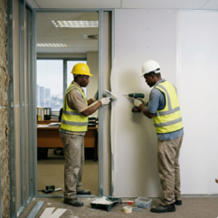 Two construction workers in helmets and vests installing drywall inside a building under construction.