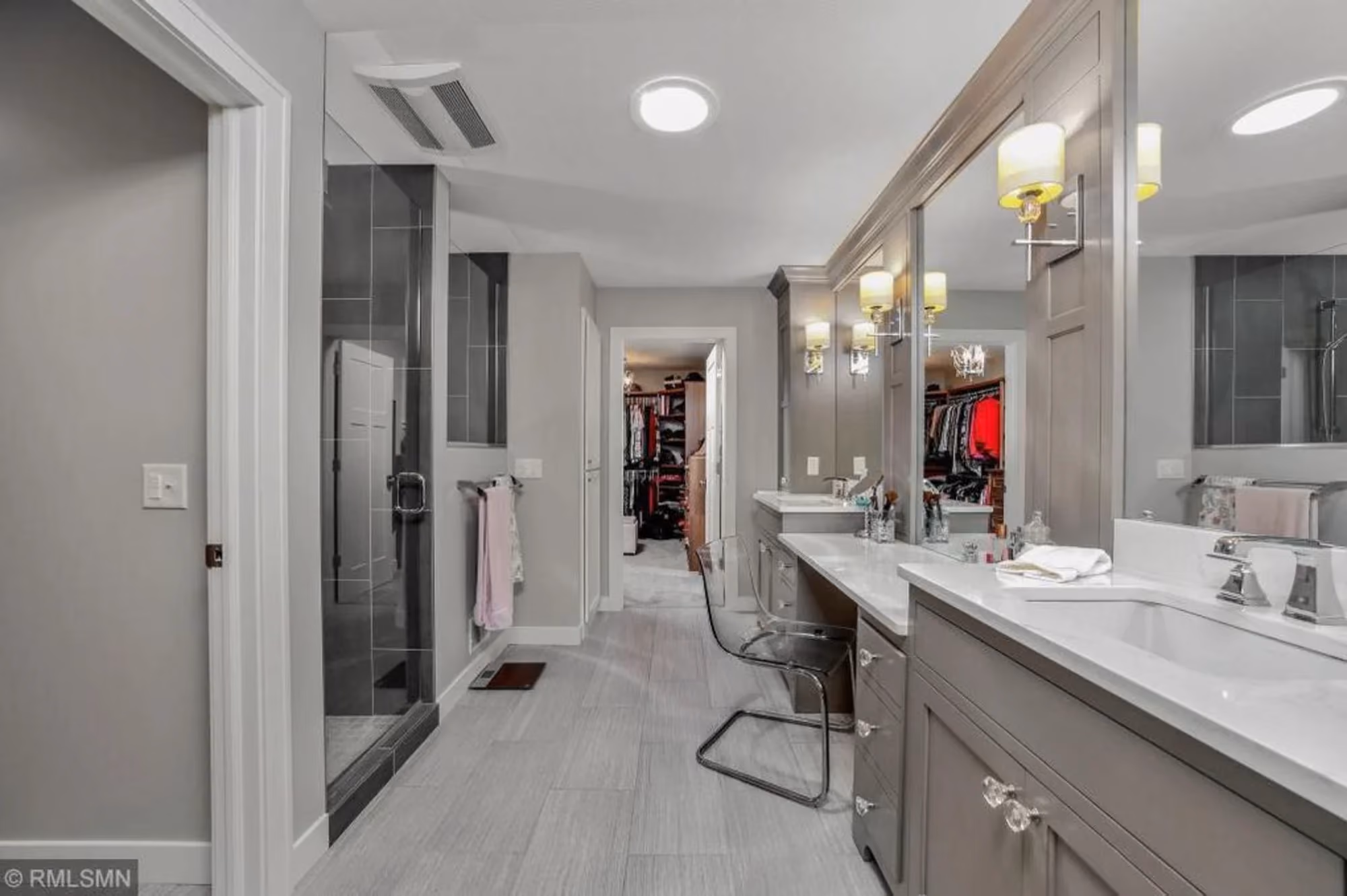 Kitchen hallway view with island and pantry