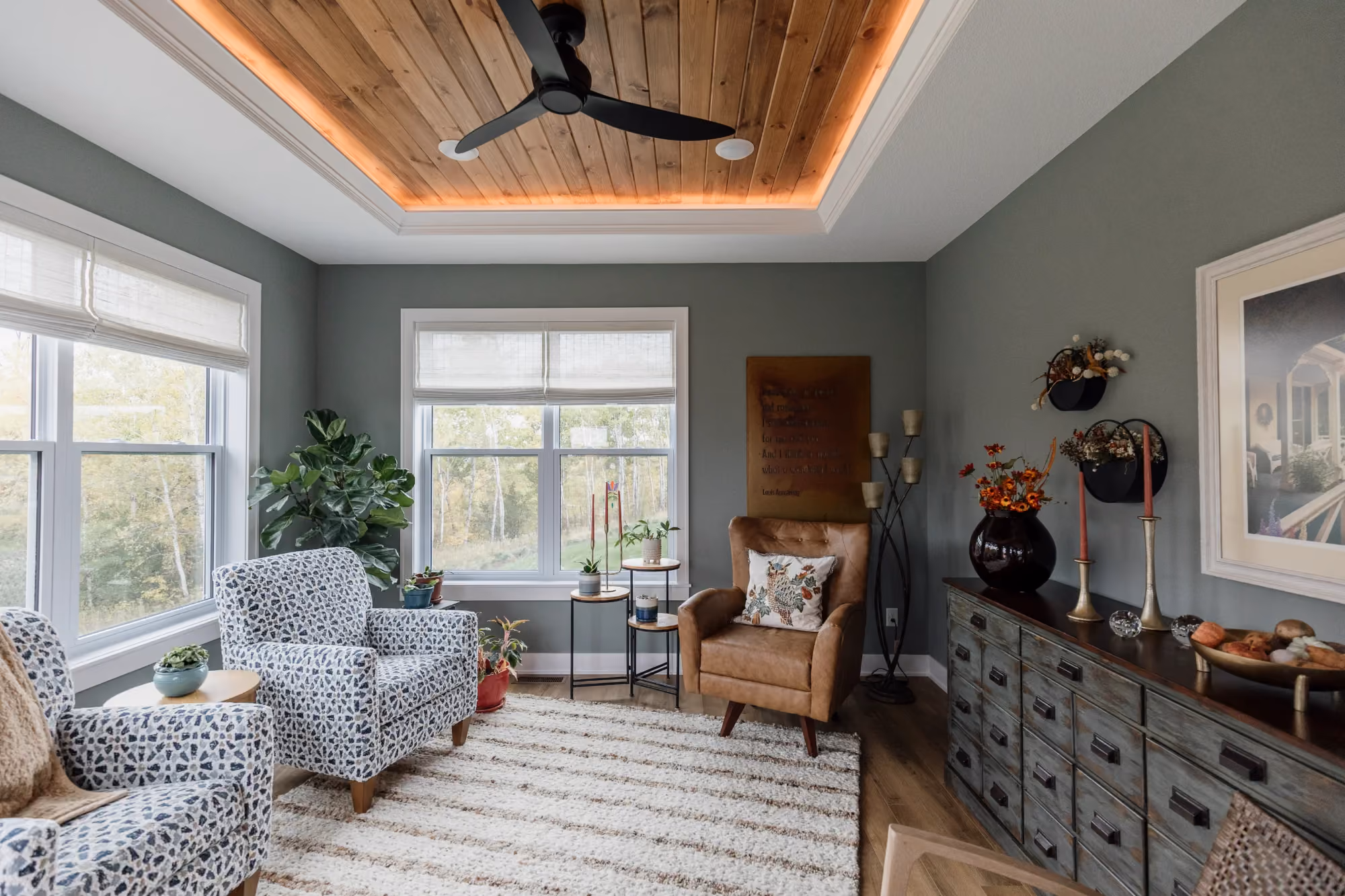 Cozy living room with patterned sofa and armchair