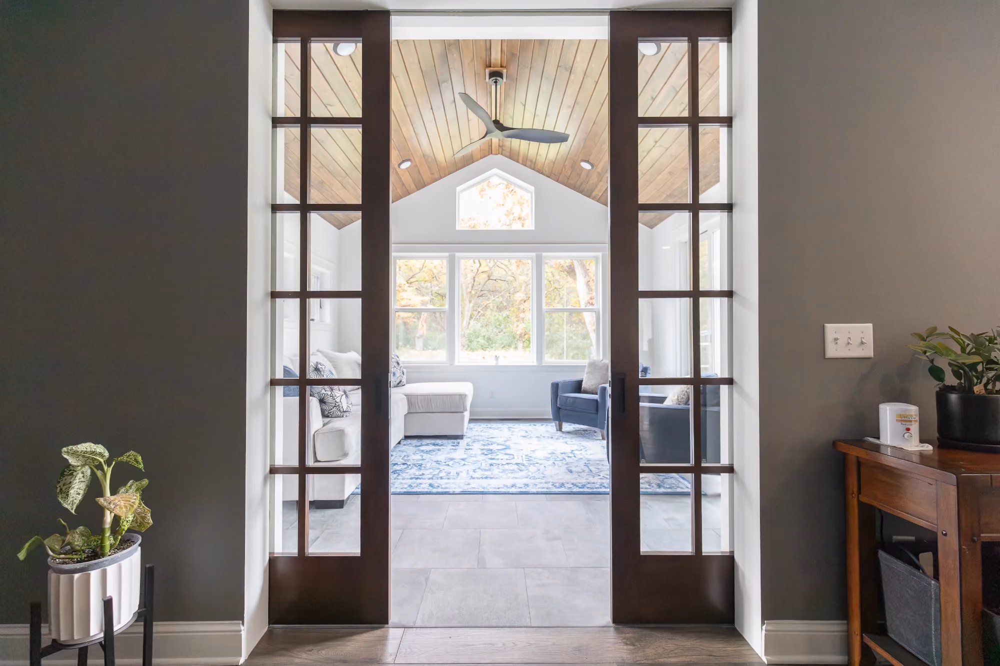Front entry with double glass doors and sidelights