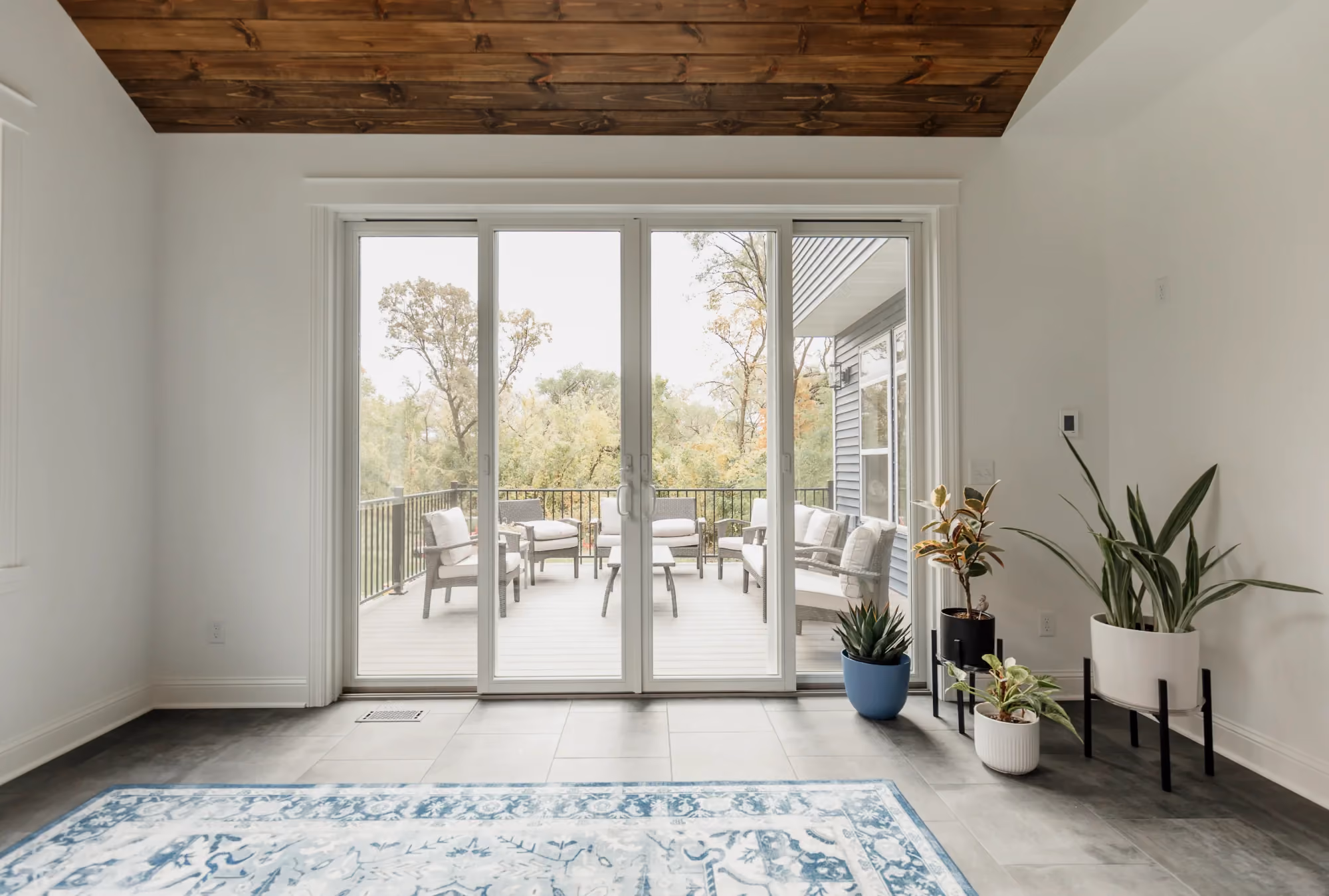 Living room with sliding doors and blue area rug