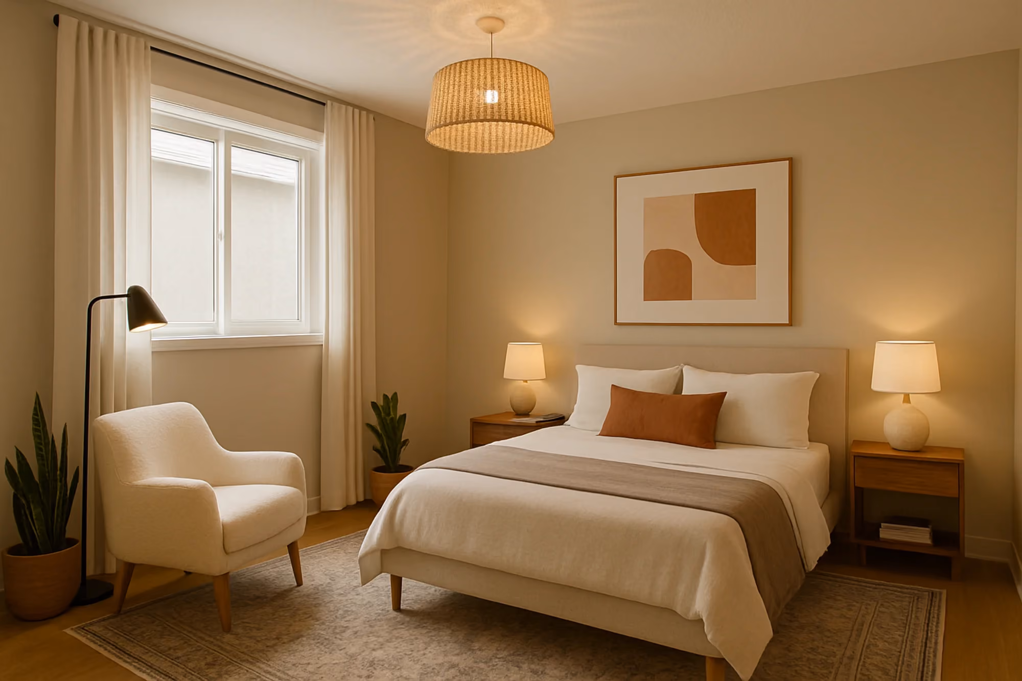 Cozy bedroom with bedside lamps and armchair