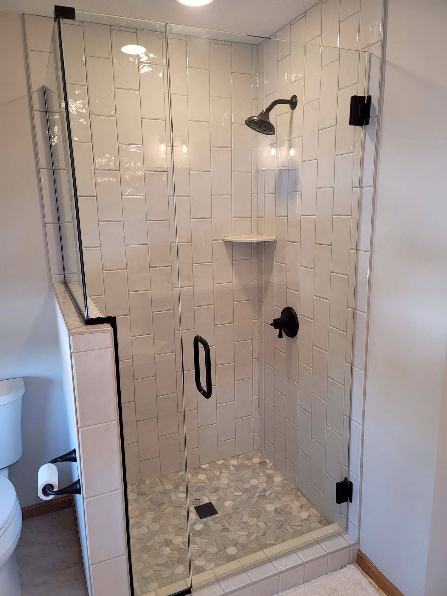Glass-enclosed shower with built-in niche