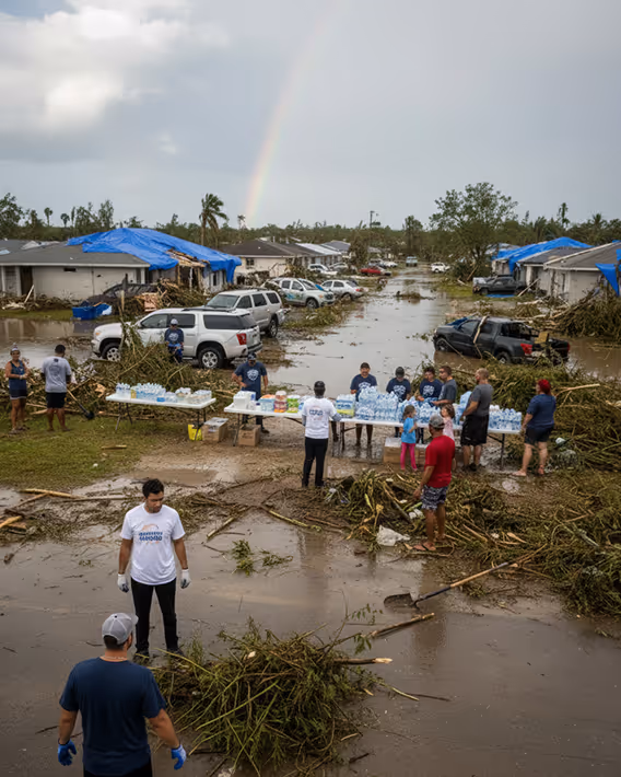 Volunteers distributing bottled water and supplies on a flooded, debris-covered street with damaged houses under a cloudy sky with a faint rainbow.