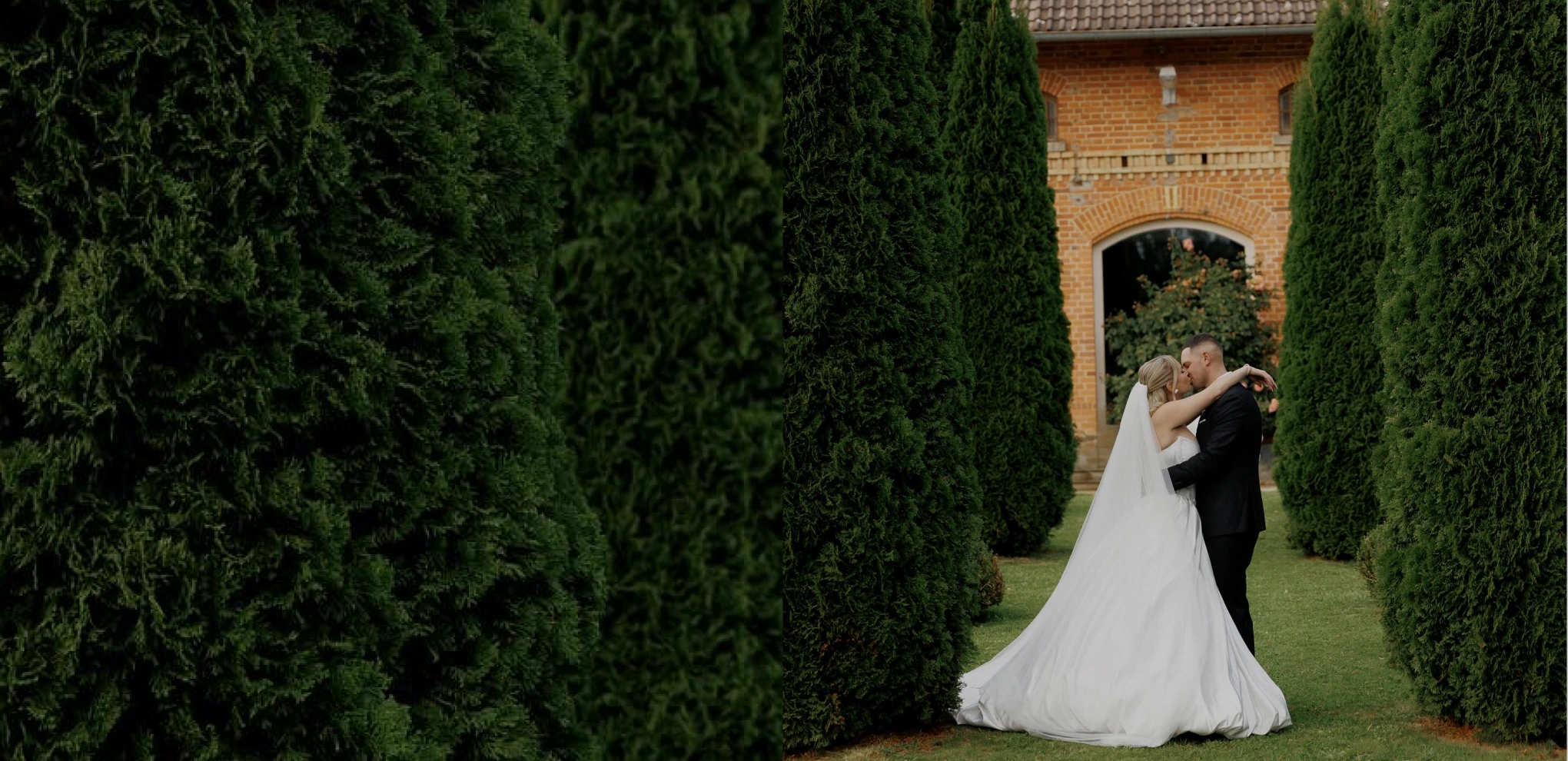 Bride in a white gown and groom in a dark suit embracing and kissing between tall green trees in front of a brick building.