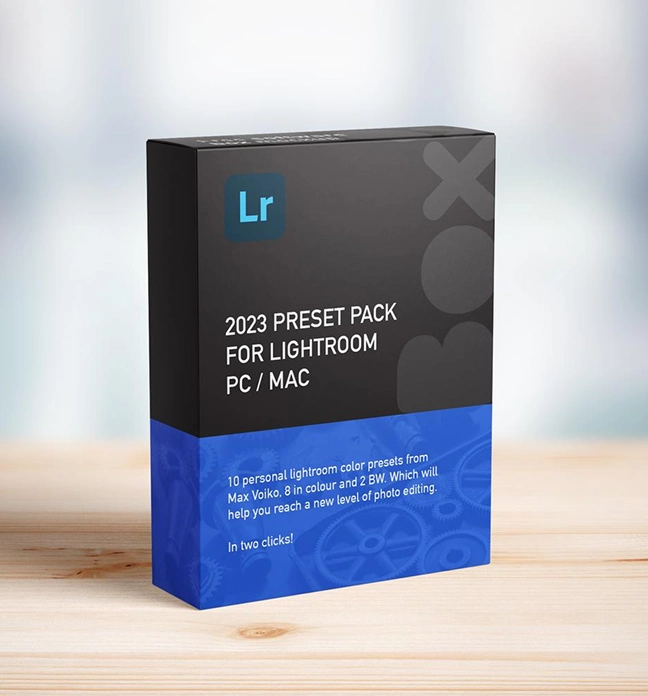 Box of 2023 preset pack for Lightroom with 10 personal color presets by Max Voiko, compatible with PC and Mac.