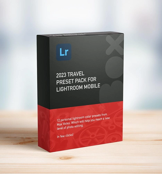 Box of 2023 Travel Preset Pack for Lightroom Mobile with 12 personal Lightroom color presets for photo editing by Max Voiko.