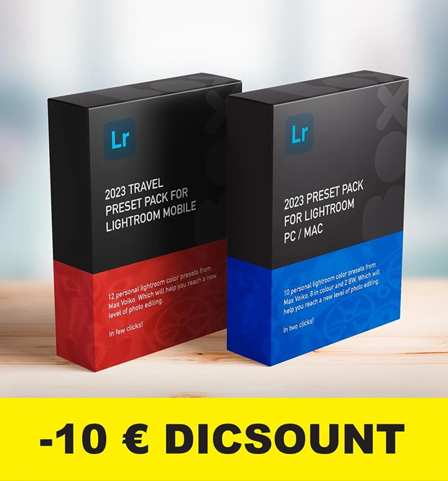 Two boxed 2023 Lightroom preset packs for mobile and PC/Mac on a wooden surface with a yellow banner below showing '-10 € DICSOUNT'.