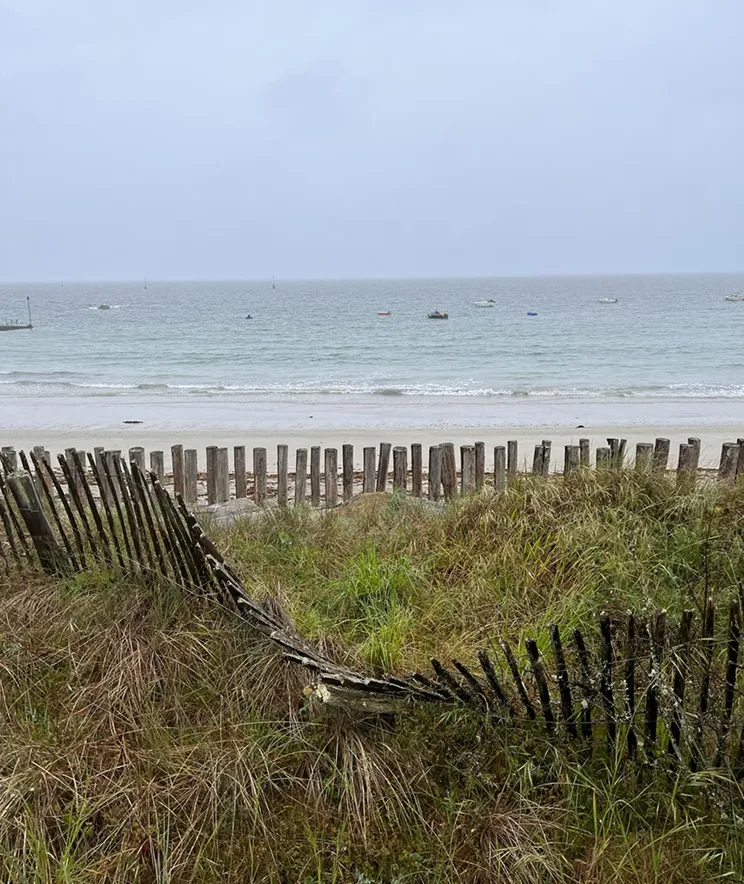 Weathered wooden fence among grassy dune overlooking a calm, gray beach with small boats on the water under an overcast sky.