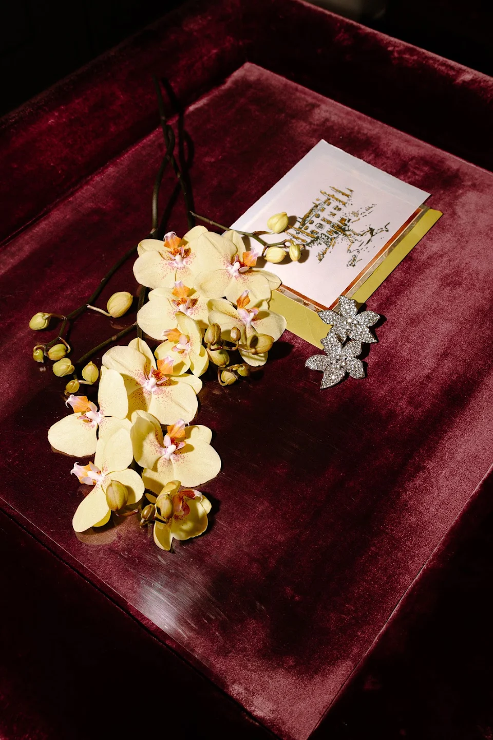 Yellow orchid flowers, a card with a sketch, and a sparkling flower-shaped brooch on a burgundy velvet surface.