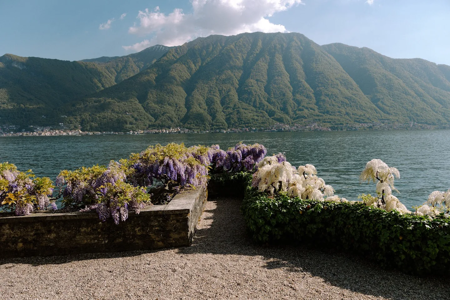 Stone terrace with purple and white wisteria flowers overlooking a lake with mountains in the background under a partly cloudy sky.