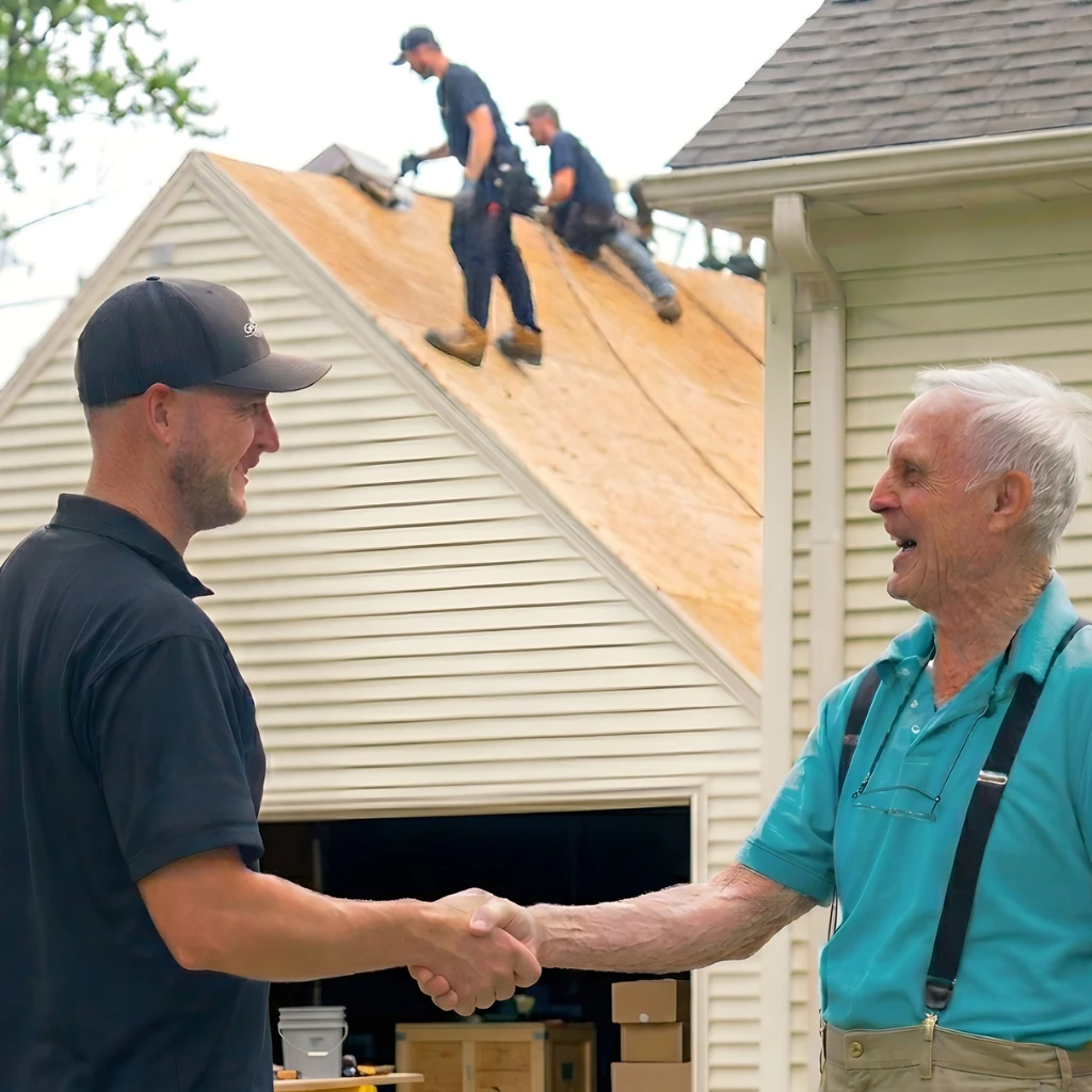 Roofer shaking hands and smiling with an elderly man outside a house with roof work in progress.