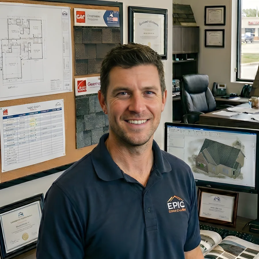 Smiling man wearing a navy blue polo shirt with EPIC roofing logo, standing in an office with roofing plans, certificates, and a computer screen displaying a 3D house model.