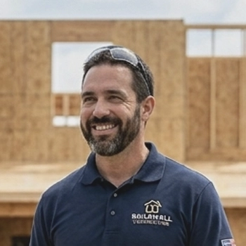 Smiling male contractor wearing a navy blue polo with 'Solimall Exteriors' logo and safety glasses on his head at a wooden construction site.