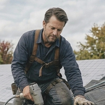 Roofer in work clothes and safety harness using a nail gun on a rooftop with solar panels.