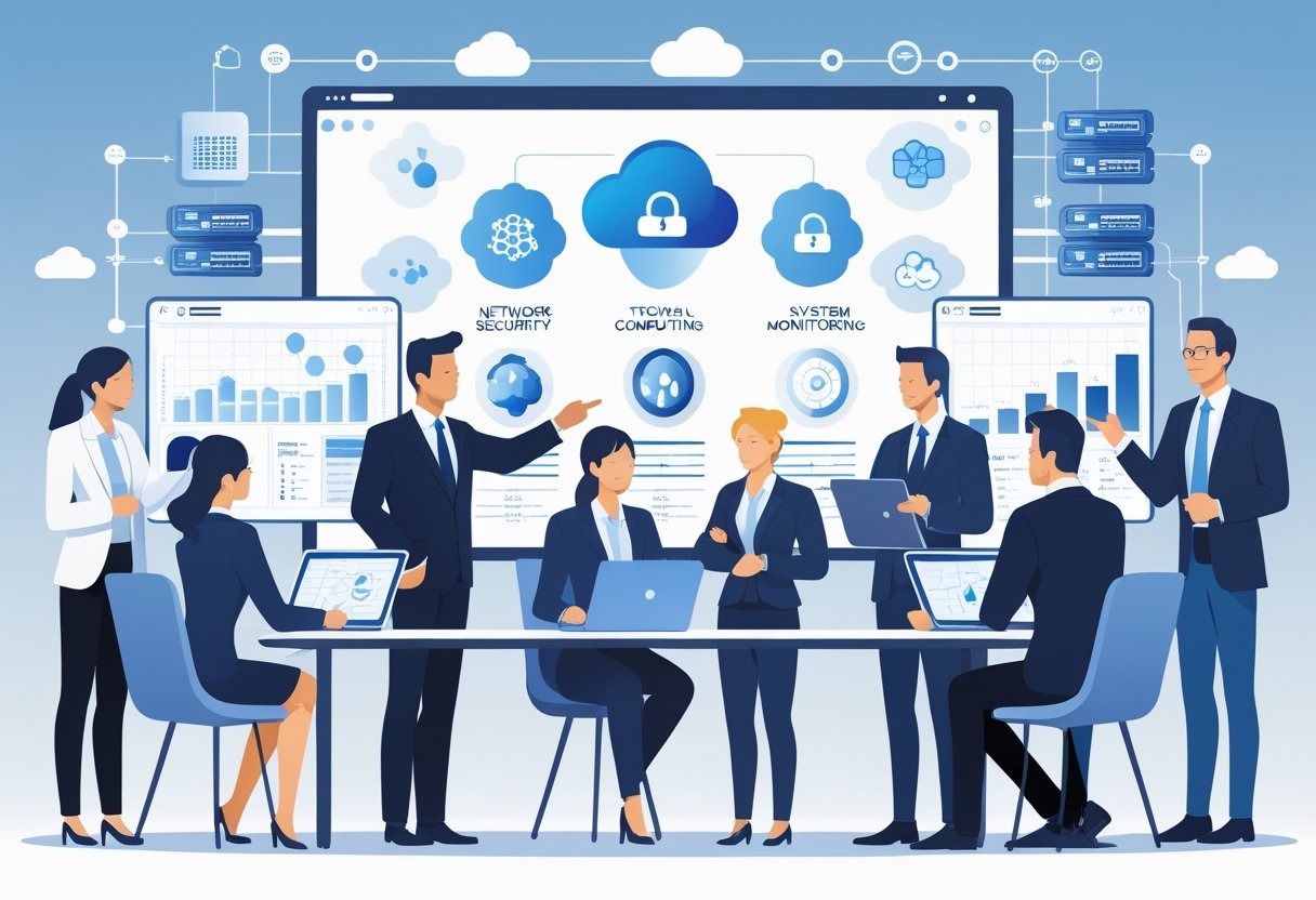 A group of business professionals in an office discussing IT management with an IT specialist pointing at a digital screen showing technology icons.
