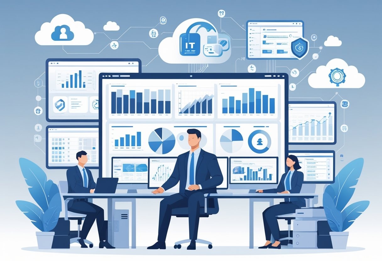 A business professional at a desk with computer screens, surrounded by a team of IT specialists working together with digital technology and network icons in the background.