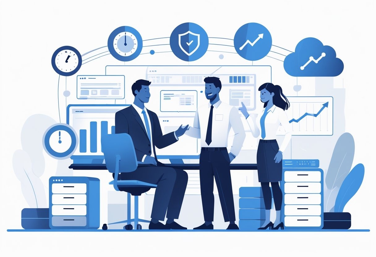 Two professionals in an office discussing IT solutions surrounded by icons representing time, security, connectivity, growth, and support.