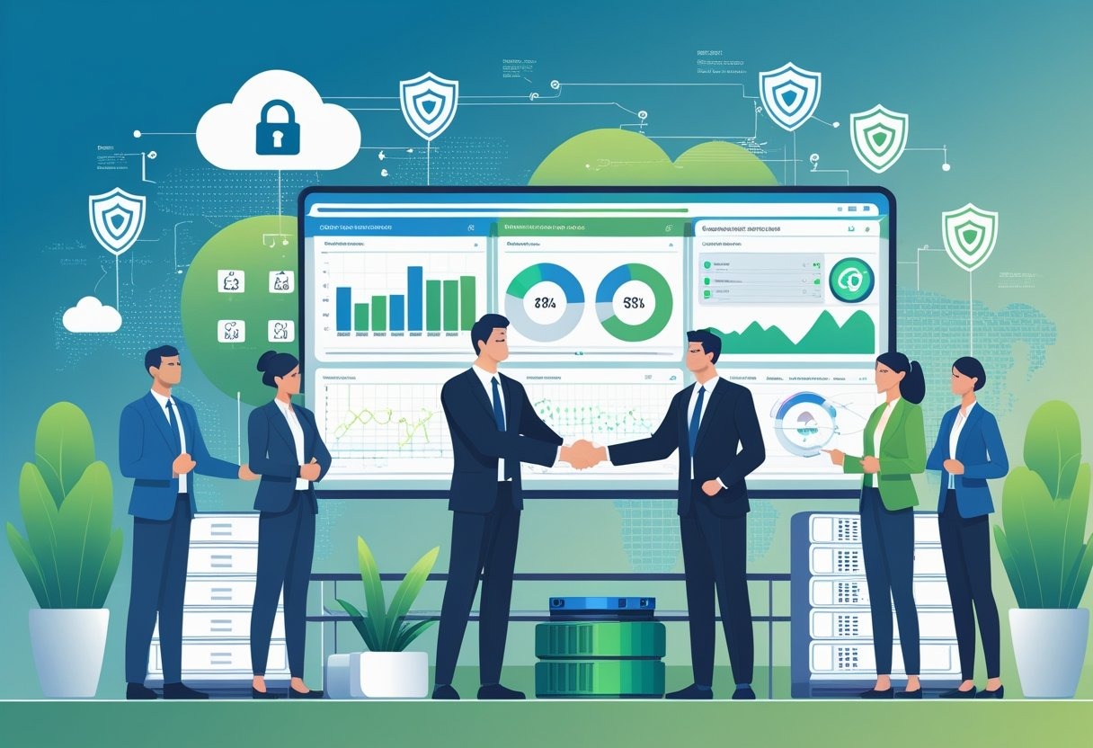 An office scene showing IT professionals collaborating around digital security and disaster recovery displays, with a handshake symbolizing partnership between an IT manager and a service provider.