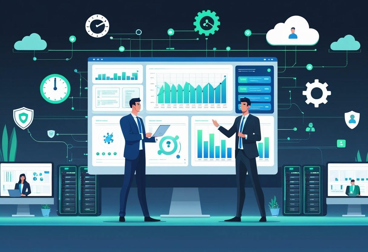 A business professional interacting with a digital dashboard in an office, surrounded by icons representing time management, security, technical issues, cloud connectivity, and remote IT collaboration.