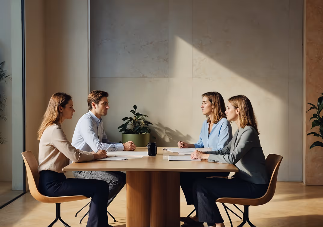 Four business professionals sitting across from each other at a conference table in a modern office setting.