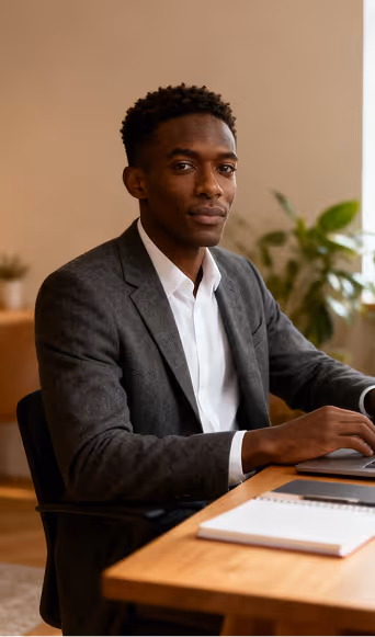 Confident young man in a dark suit sitting at a desk with a laptop and notebook in a well-lit office.