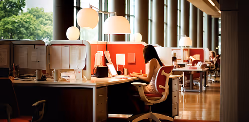 Woman working on a laptop at a desk in a modern office with high windows and pendant lights.