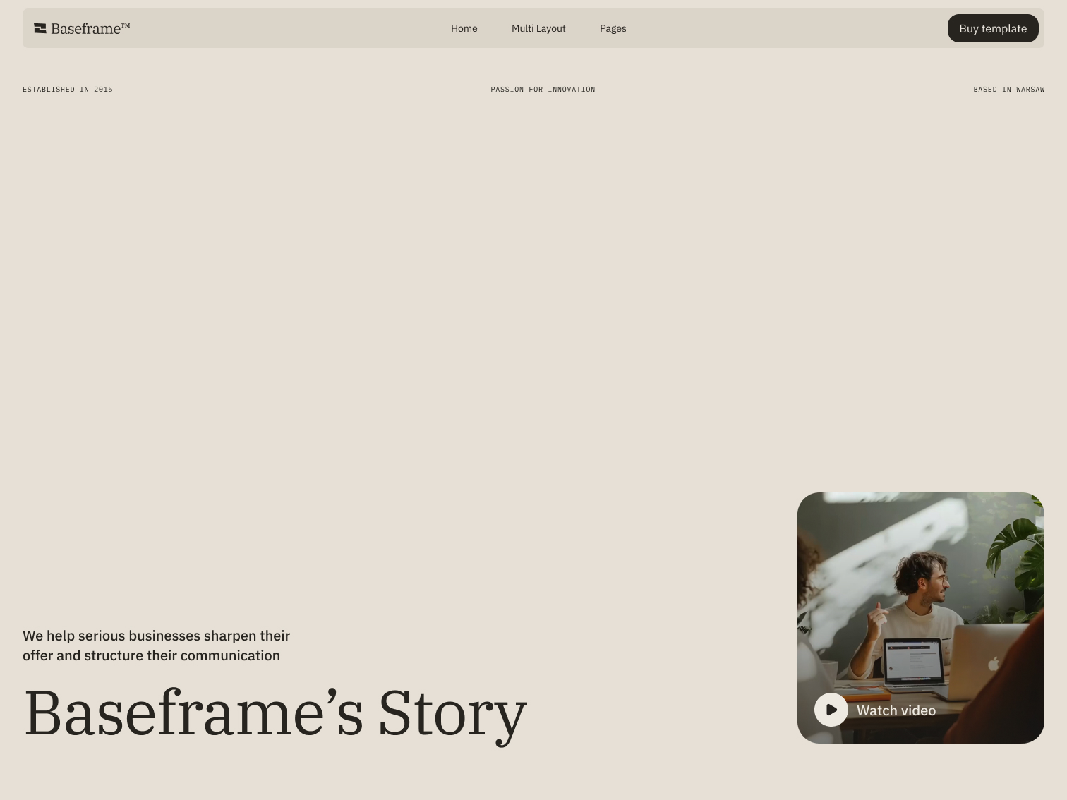 Website homepage showing Baseframe logo, navigation menu, 'Baseframe’s Story' headline, and a man sitting at a desk with laptops and a play button labeled 'Watch video'.