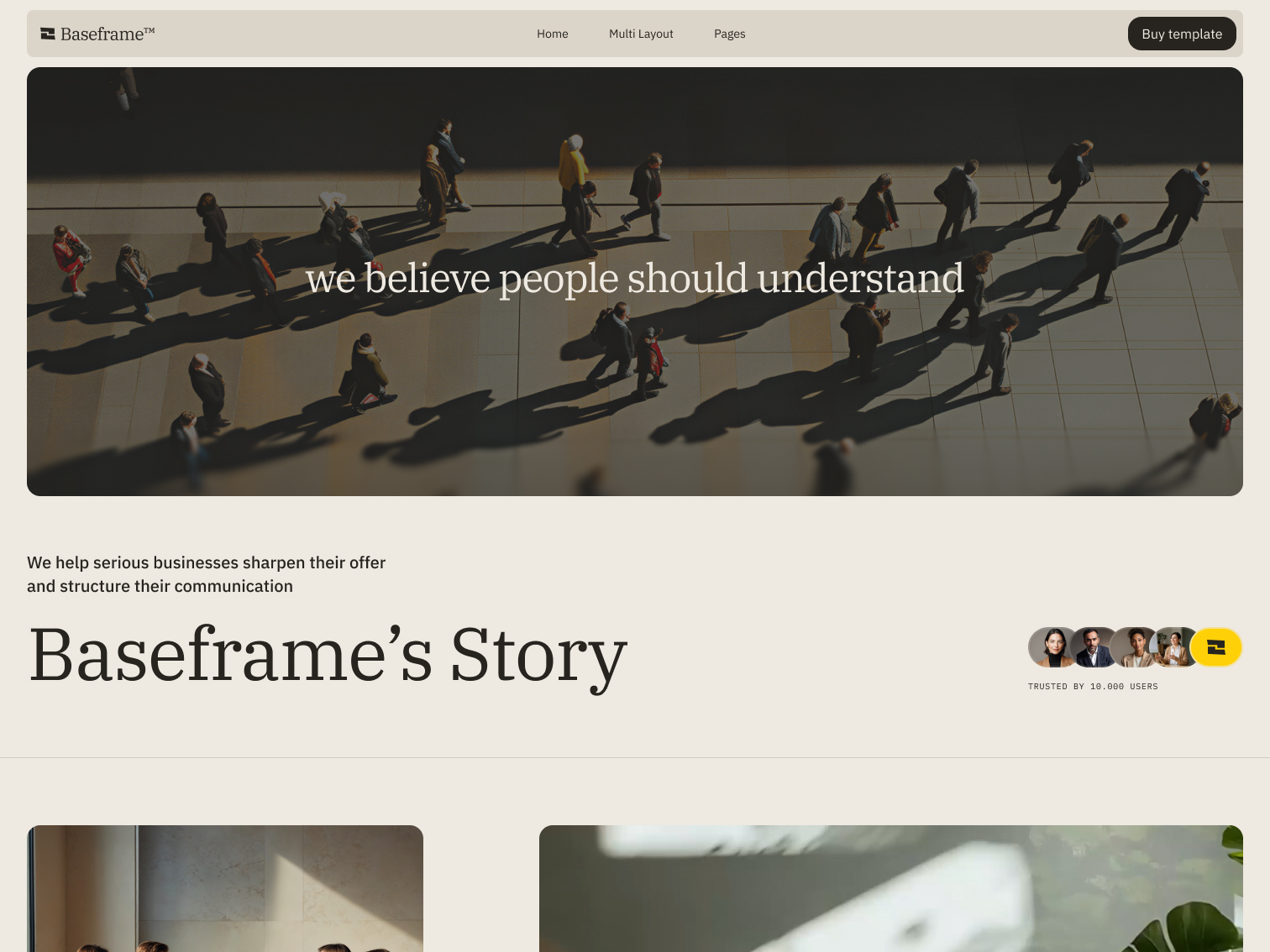 Website homepage showing people walking casting long shadows with text 'we believe people should understand' and 'Baseframe’s Story' headline.