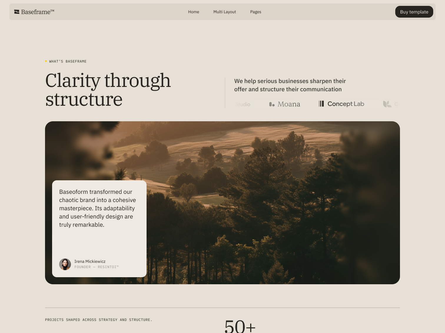 Website homepage with text 'Clarity through structure' and a testimonial overlaying a landscape image of a forest at sunset.