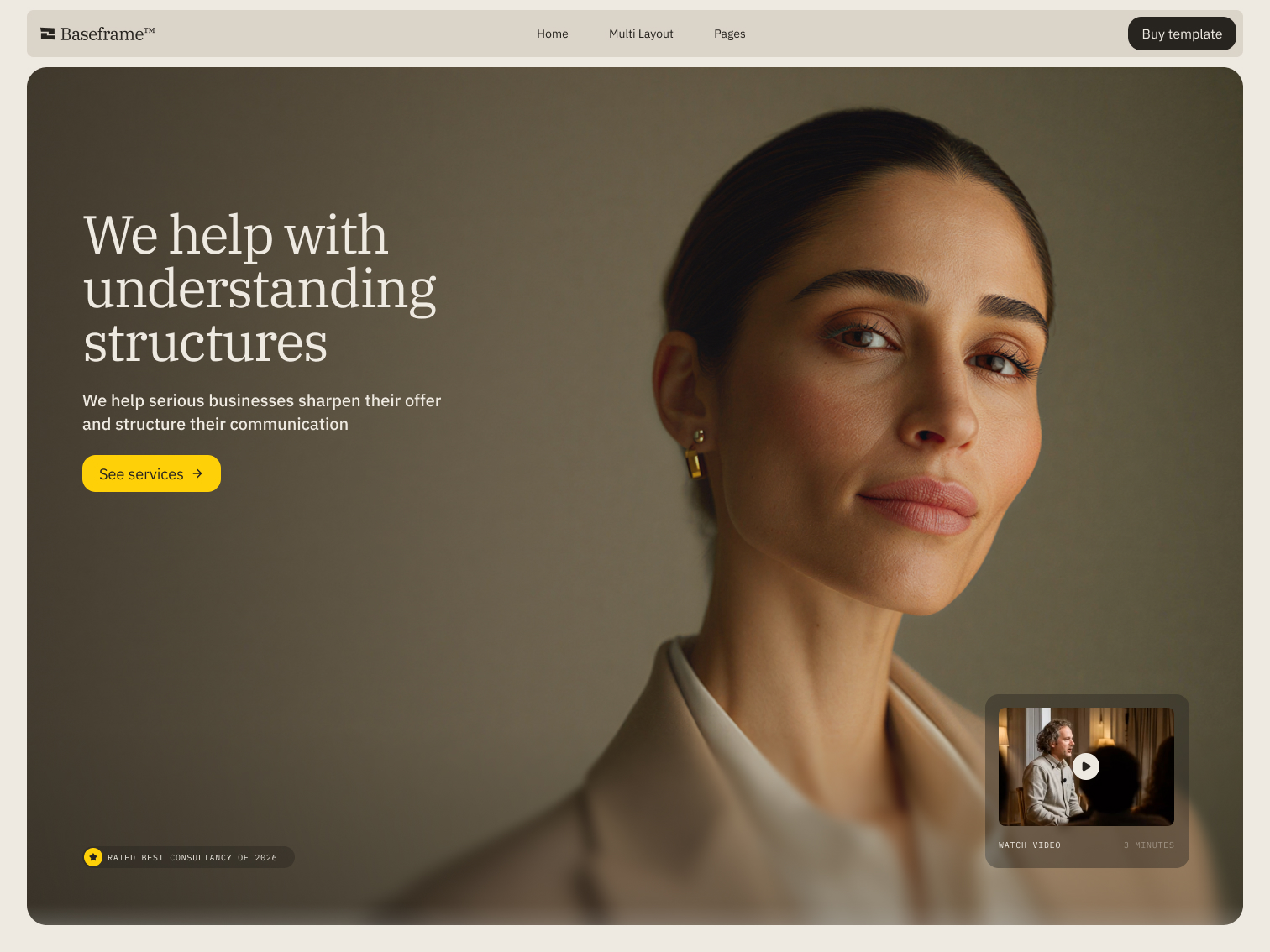 Professional woman in a beige blazer with text about helping businesses understand structures and a call-to-action button.