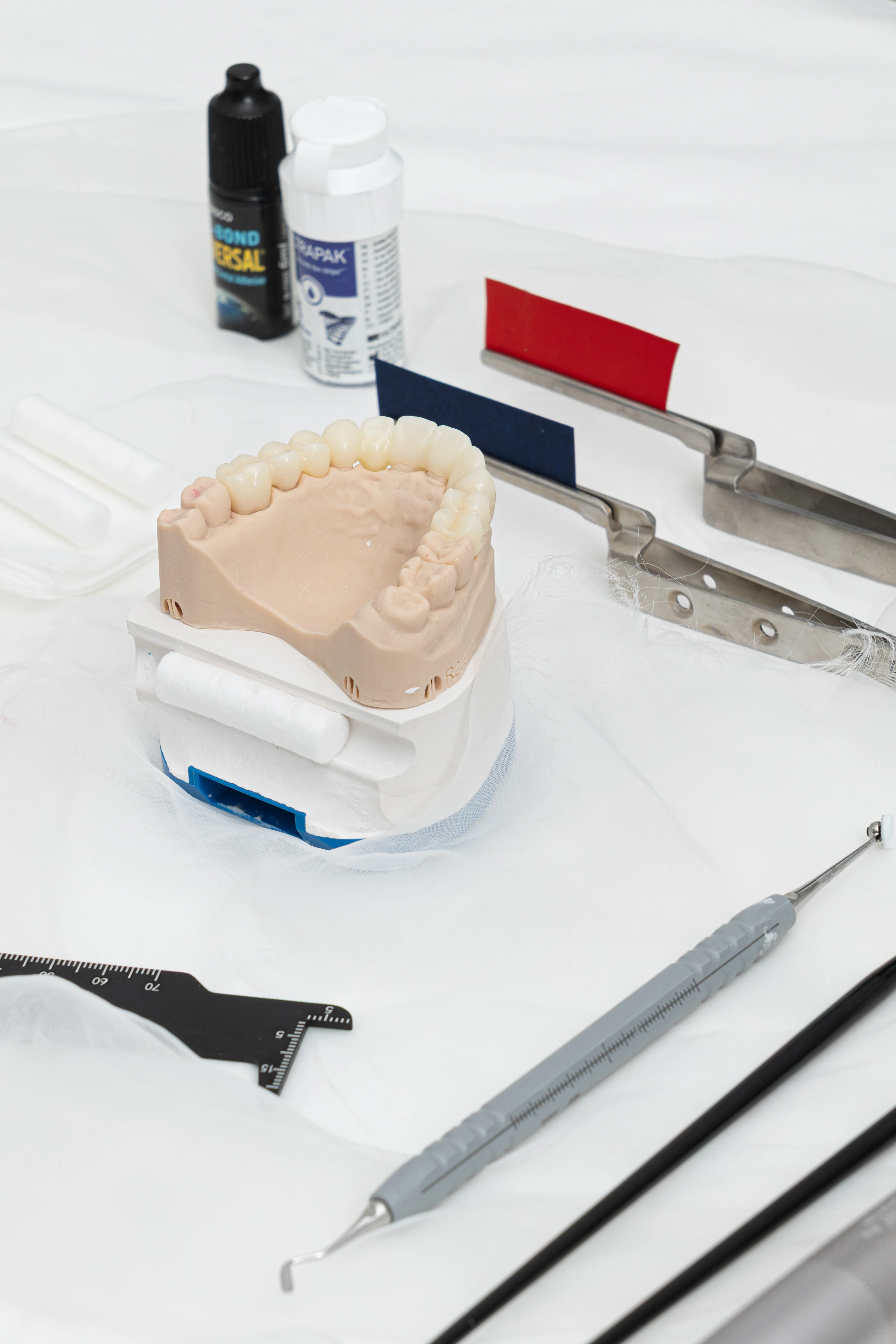 Close-up of a dental veneer model and restorative tools