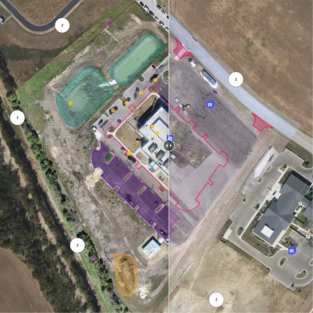 Aerial view of a construction site divided with overlay showing existing buildings and marked areas for future development.