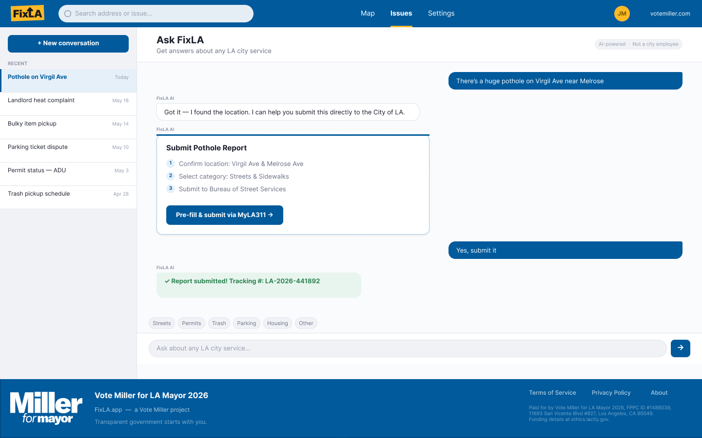 Ask FixLA: AI-powered pothole report submission flow