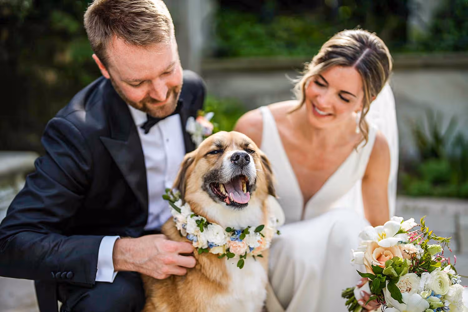 Bride and groom in wedding attire smiling at a dog wearing a floral wreath around its neck while holding a bouquet of flowers.