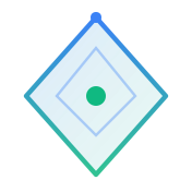 Abstract geometric design with layered diamond shapes in blue and green gradient, featuring a central green circle.