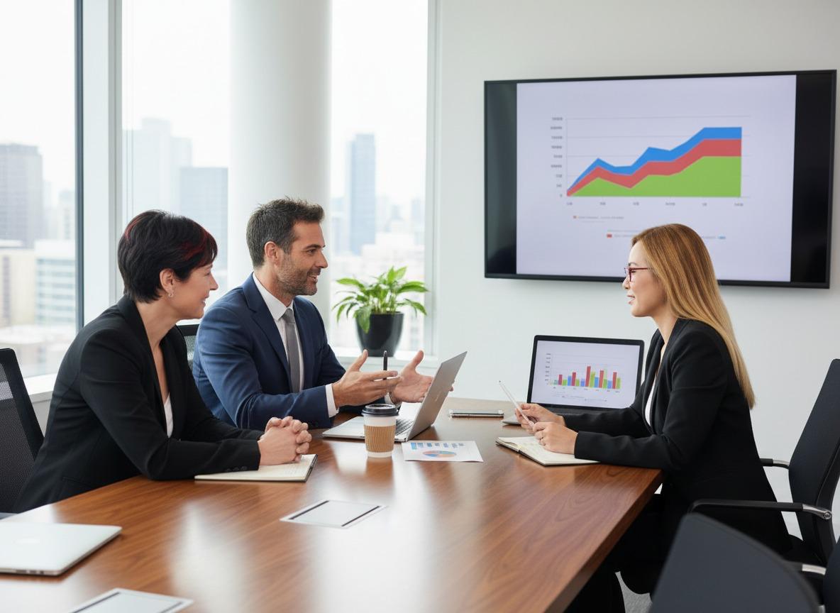 Three business professionals seated at a conference table discussing charts displayed on a laptop and wall screen.