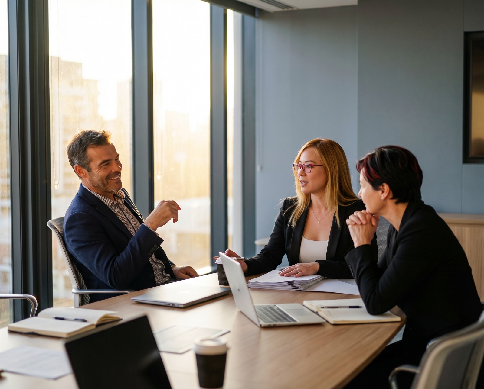 Three colleagues in business attire having a discussion at a conference table with laptops and documents.