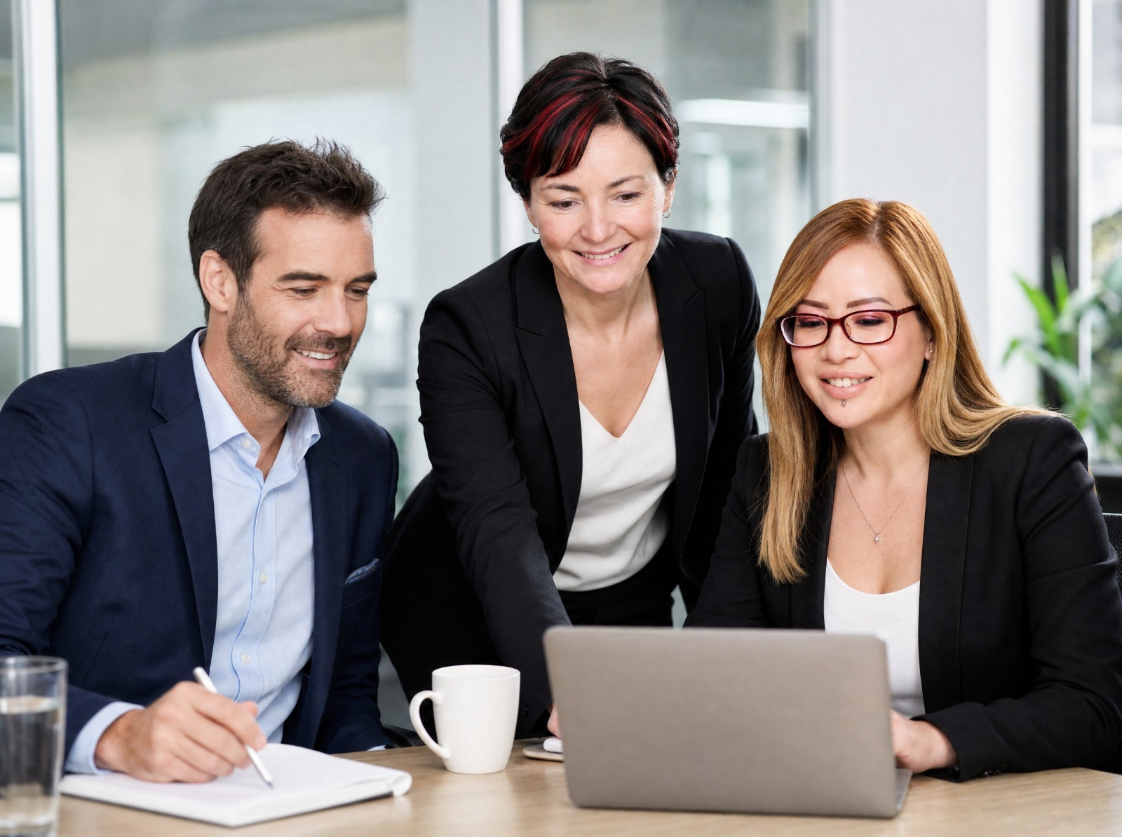 Three colleagues smiling as they review work together on a laptop in a modern office.