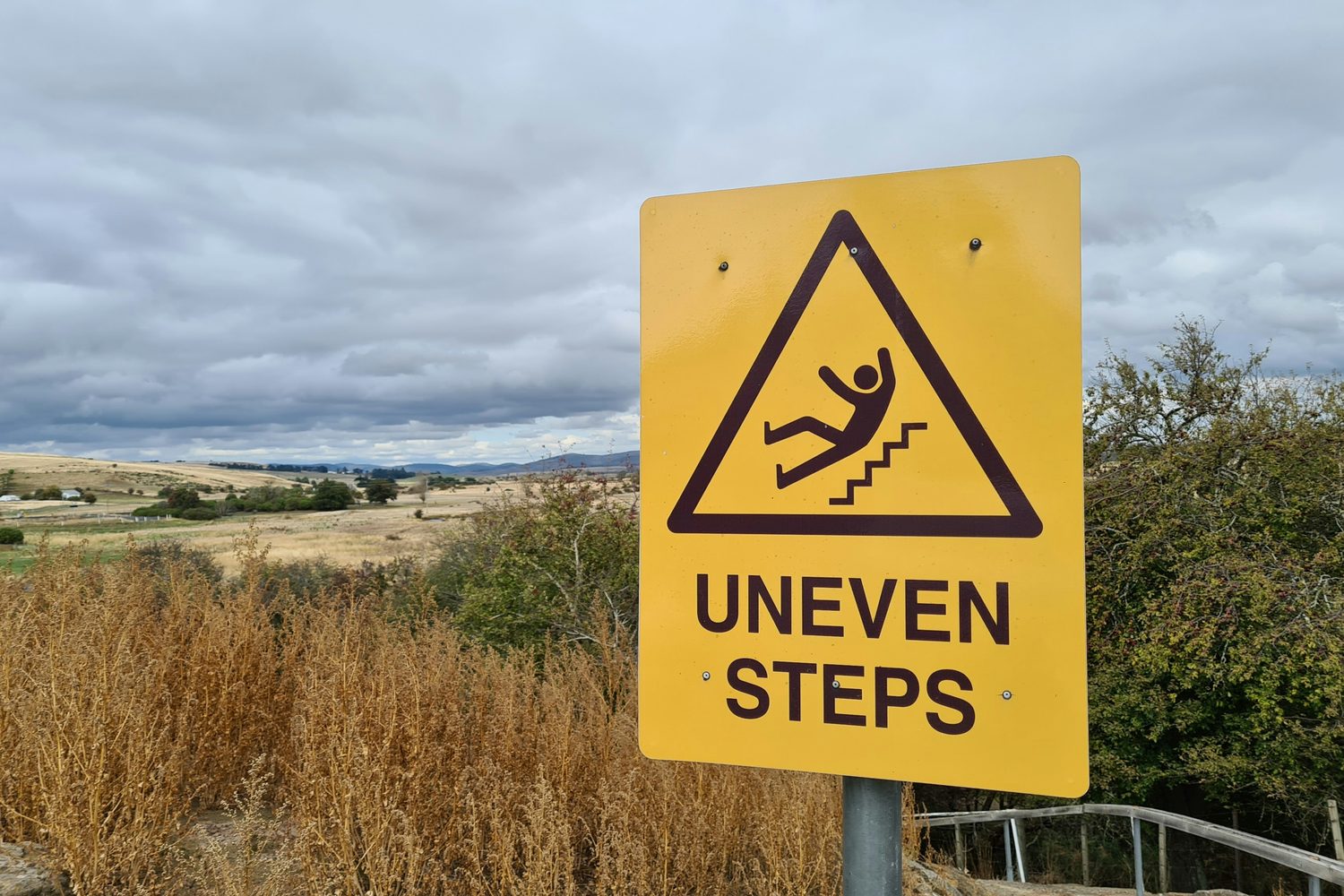 Yellow warning sign reading "Uneven Steps"