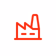 Simple red icon of a factory with smokestacks.