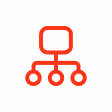 Red network hierarchy icon with one square connected to three circles.