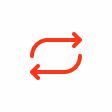 Red sync or refresh icon with two curved arrows forming a circle on a white background.