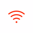Red Wi-Fi signal icon with three curved lines above a dot on white background.