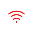 Red Wi-Fi signal icon with three curved lines above a dot on white background.