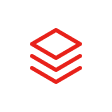 Red stacked layers icon composed of three parallelograms with gaps in between on a white background.