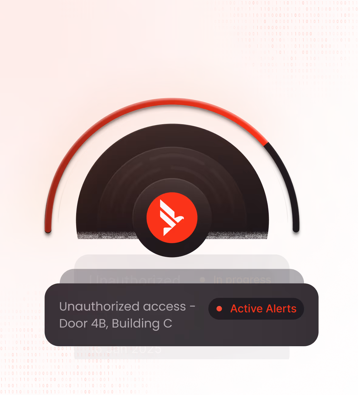 Circular security alert gauge highlighting unauthorized access at Door 4B, Building C with active alerts indicated.