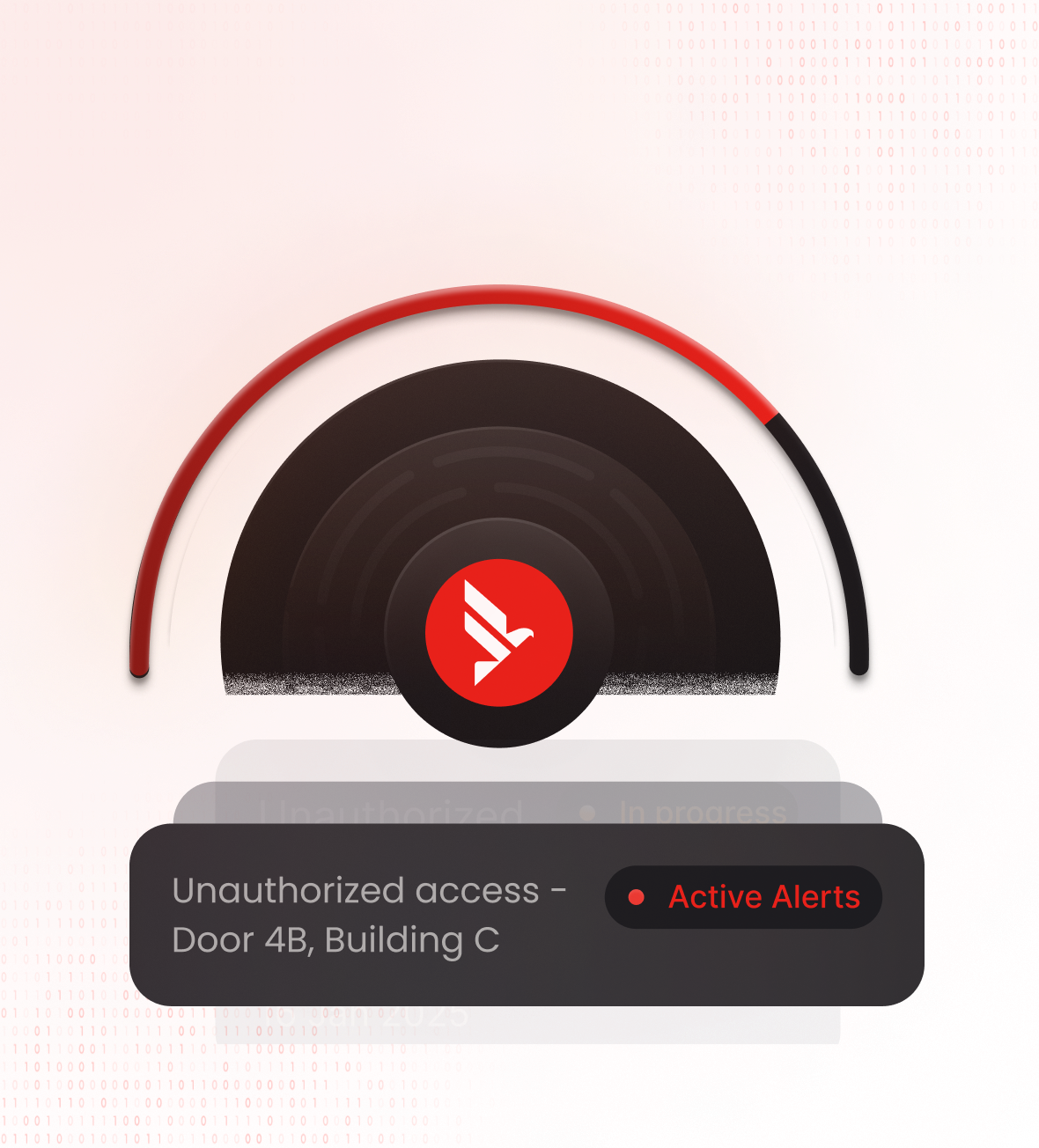 Circular security alert gauge highlighting unauthorized access at Door 4B, Building C with active alerts indicated.