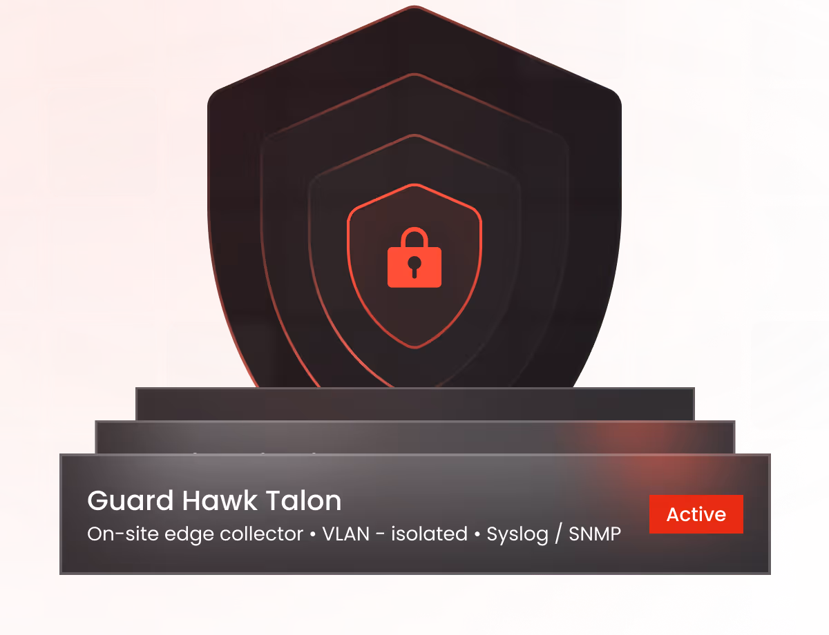 Graphic of layered shield with red lock icon in center and text label 'Guard Hawk Talon On-site edge collector VLAN - isolated Syslog SNMP' with a red 'Active' status badge.