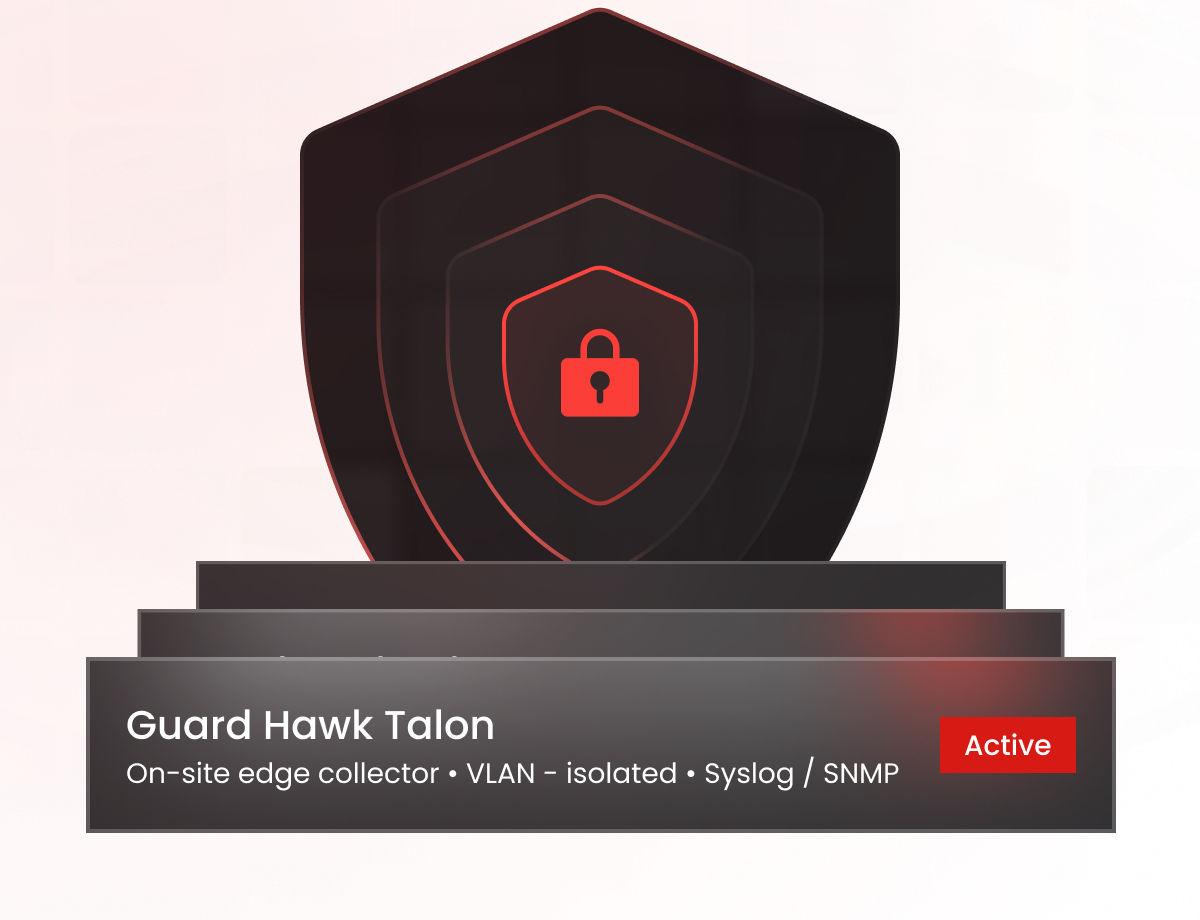Graphic of layered shield with red lock icon in center and text label 'Guard Hawk Talon On-site edge collector VLAN - isolated Syslog SNMP' with a red 'Active' status badge.